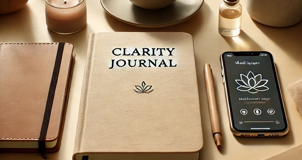 A-calming-and-minimalist-workspace-with-elements-representing-mental-health-and-productivity_-a-closed-journal-labeled-Clarity-Journal