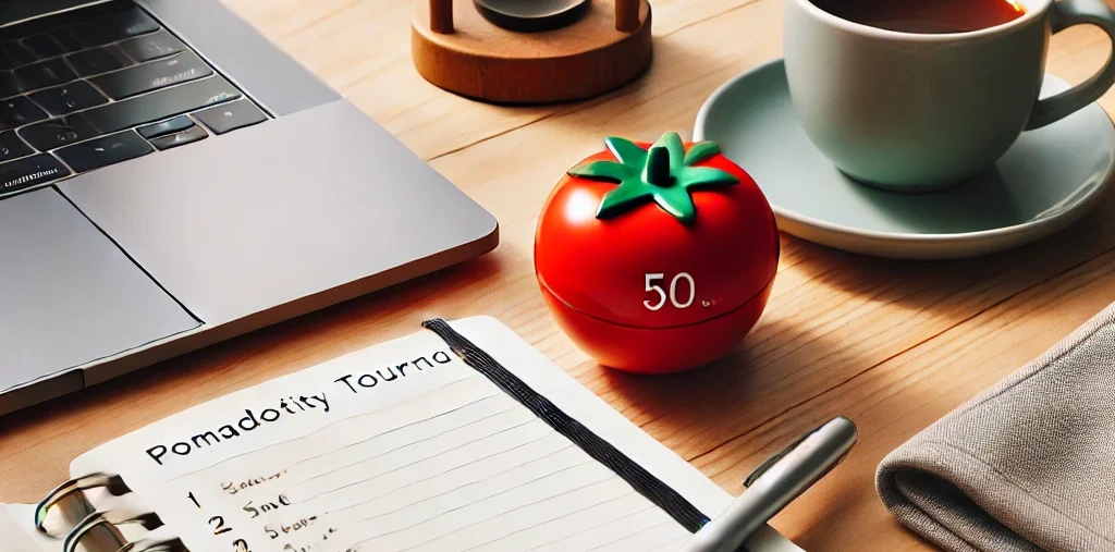 A minimalist, flat-lay workspace featuring a tomato-shaped kitchen timer (symbolizing the Pomodoro Technique), and an open productivity journal
