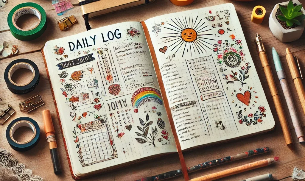A-cozy-and-organized-flat-lay-workspace-scene-featuring-a-bullet-journal-open-to-a-daily-log-with-handwritten-notes-doodles-and-symbols